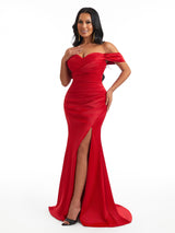 Sexy Mermaid Off The Shoulder Side Slit Ruched Satin Long Wedding Party Dresses Online