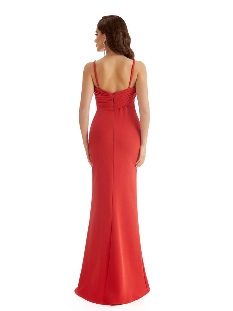 Elegant Spaghetti Straps V-Neck Mermaid Side Split Stretchy Crepe Long Formal Bridesmaid Dresses