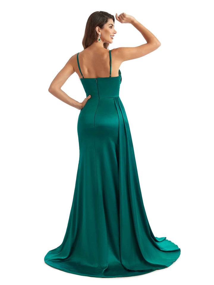 Sexy Side Split Cowl Neck Maxi Chic Satin Spaghetti Straps Formal Wedding Guest Dresses