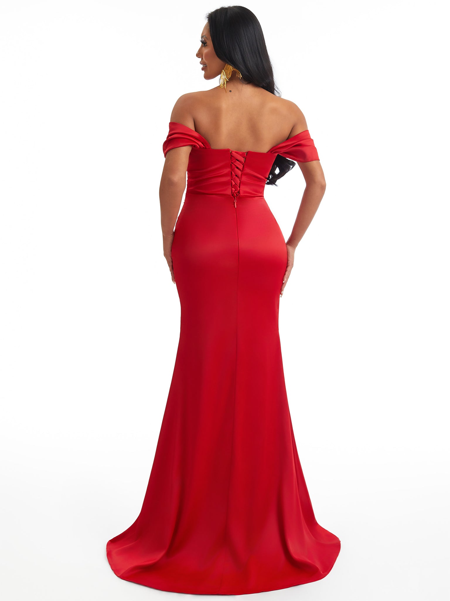 Sexy Mermaid Off The Shoulder Side Slit Ruched Satin Long Wedding Party Dresses Online