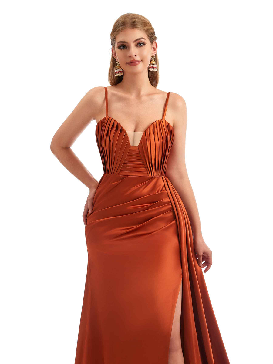 Ruched Satin Side Split Spaghetti Straps Long Mermaid Bridesmaid Dresses Online
