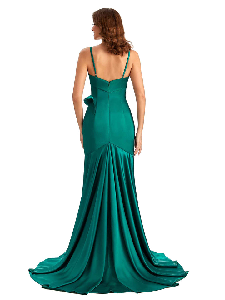 Sexy Mermaid Spaghetti Straps Silky Satin Unique Long Bridesmaid Dress For Wedding