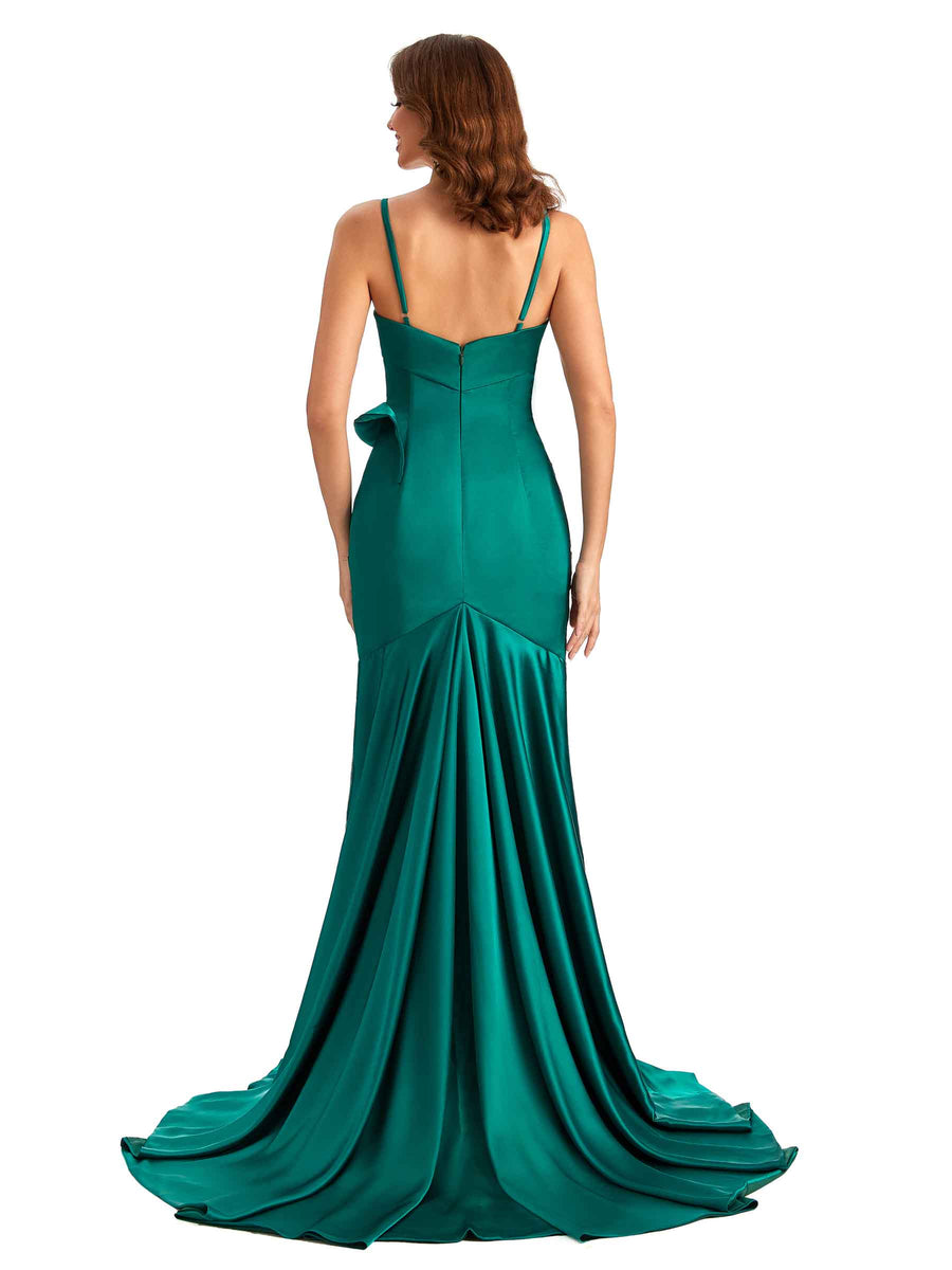 Sexy Mermaid Spaghetti Straps Silky Satin Unique Long Bridesmaid Dress For Wedding