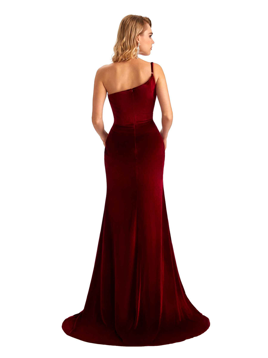 Sexy Side Slit Mermaid One Shoulder Formal Velvet Long Bridesmaid Dresses