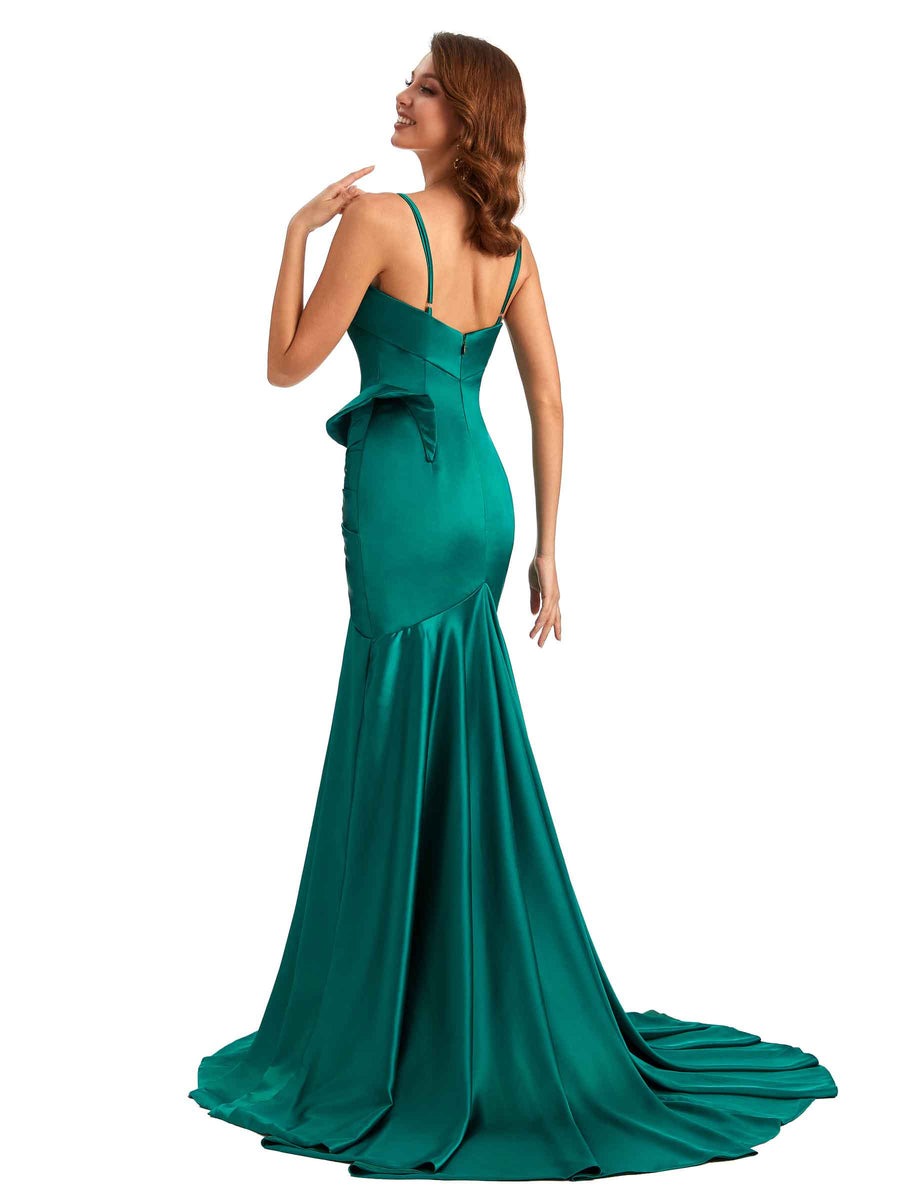 Sexy Mermaid Spaghetti Straps Silky Satin Unique Long Bridesmaid Dress For Wedding