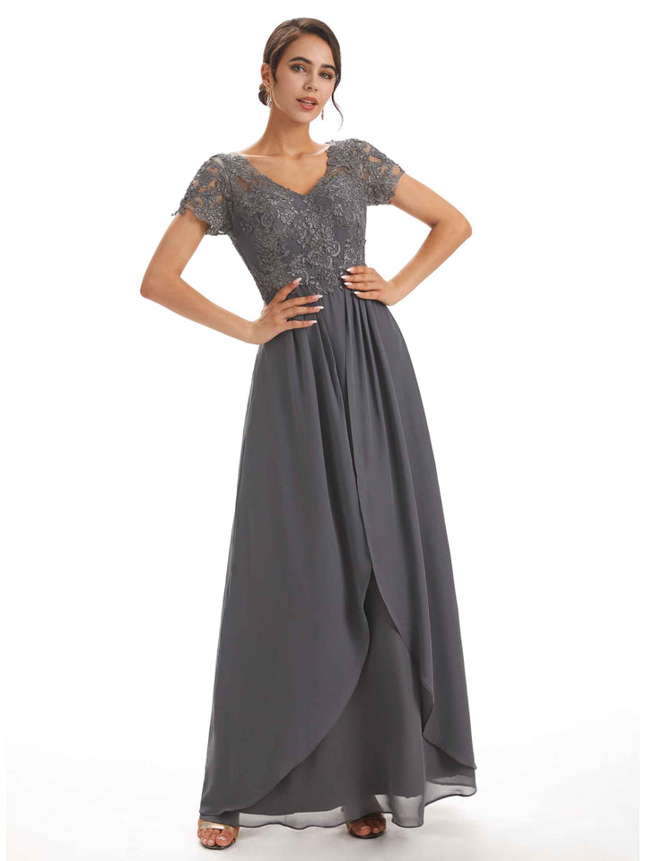 Chiffon Short Sleeves V-neck Applique Floor-Length Elegant Mother Of The Groom Dresses