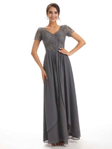 Chiffon Short Sleeves V-neck Applique Floor-Length Elegant Mother Of The Groom Dresses