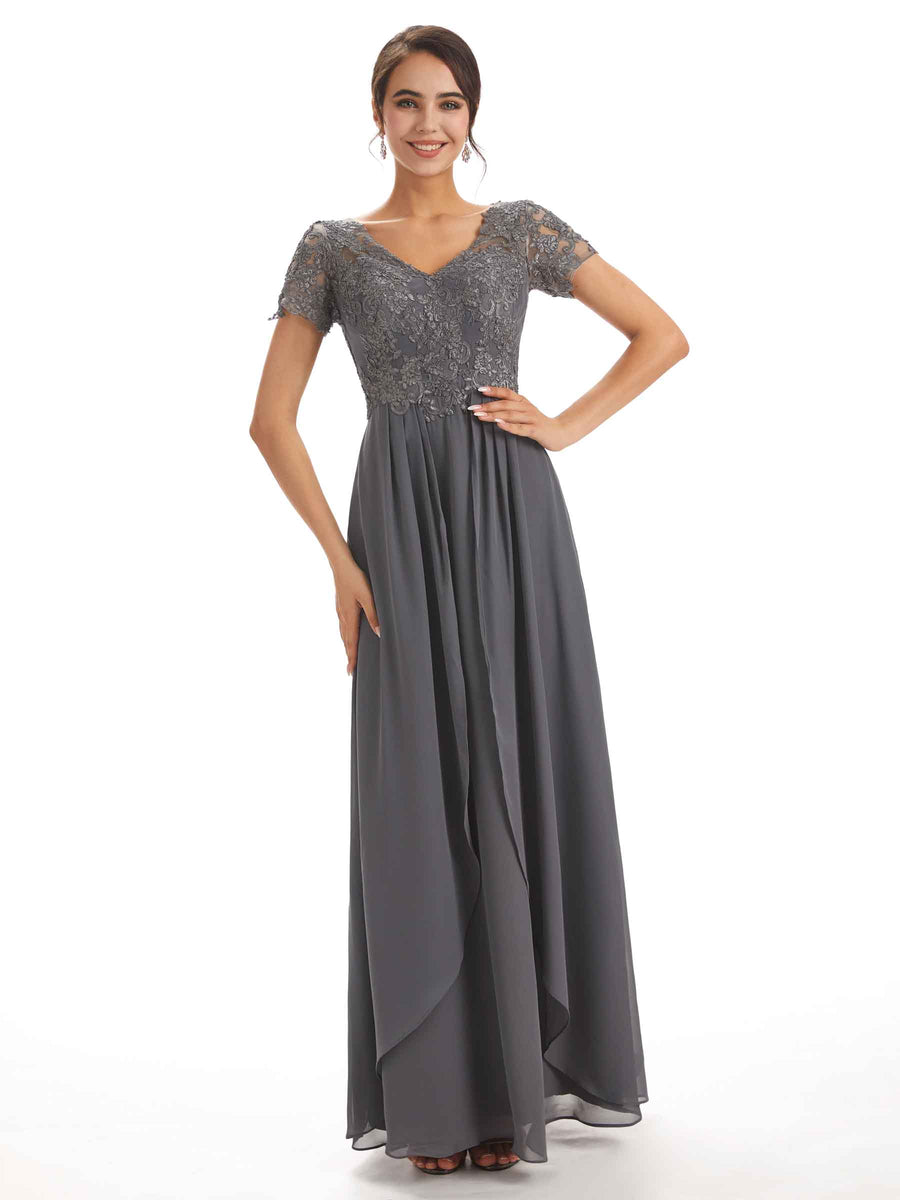 Chiffon Short Sleeves V-neck Applique Floor-Length Elegant Mother Of The Groom Dresses