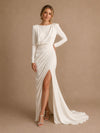 ChicSew Elegant Classy Mermaid Jewel Long Sleeves Crepe Ruched Side Slit Long Wedding Dress