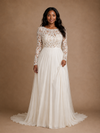 ChicSew Elegant Classy Lace Applique Chiffon A-Line Pleated Long Sleeves Floor-Length Wedding Dress