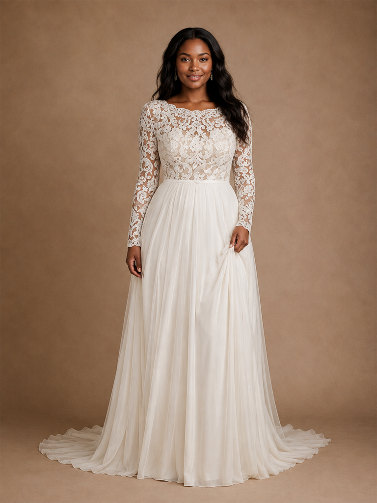 ChicSew Elegant Classy Lace Applique Chiffon A-Line Pleated Long Sleeves Floor-Length Wedding Dress