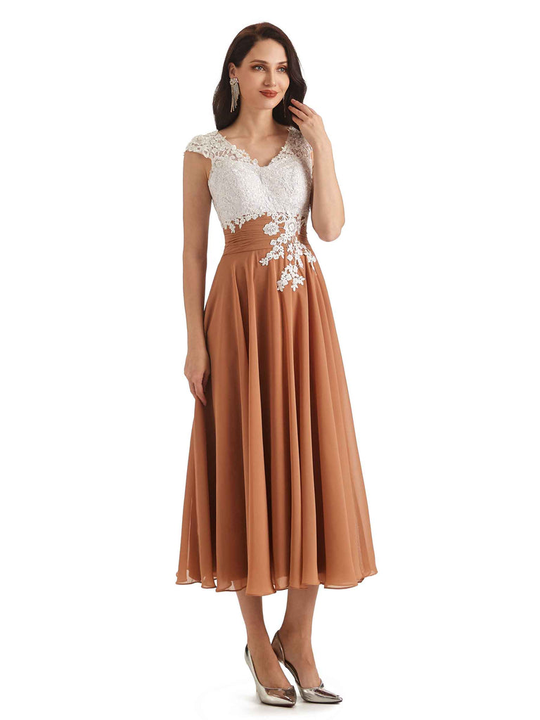 ChicSew Tea Length Lace Short Mother Dress For Wedding Elegant / Lace mob dresses / Mother of the bride Beach dresses, Brown ChicSew Tea Length Lace Short Mother Dress For Wedding Elegant / Lace mob dresses / Mother of the bride Beach dresses, Brown