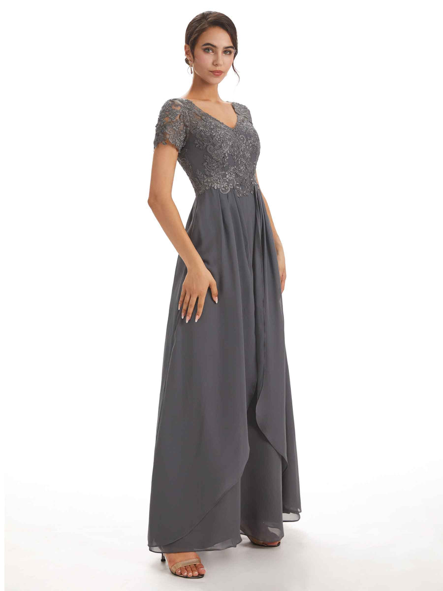Chiffon Short Sleeves V-neck Applique Floor-Length Elegant Mother Of The Groom Dresses