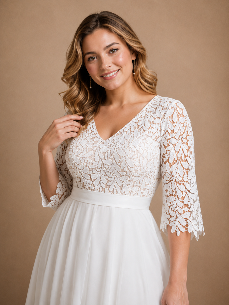 ChicSew Classy V-Neck Lace Chiffon 3/4 Sleeves A-Line Floor-Length Wedding Dress