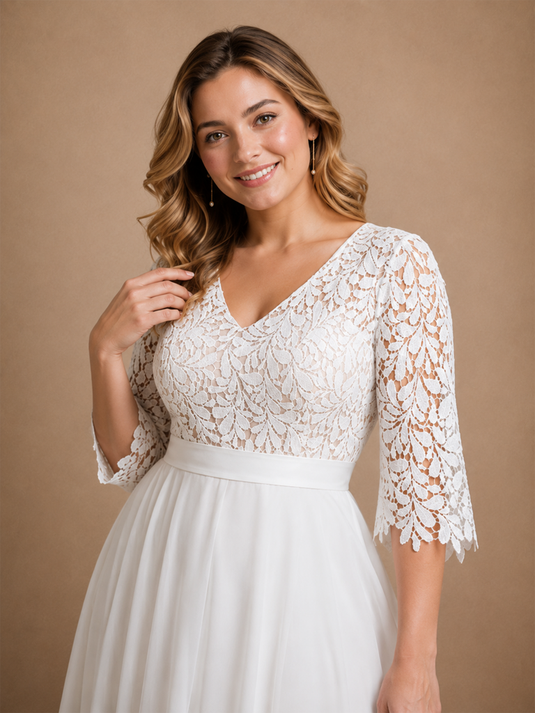 ChicSew Classy V-Neck Lace Chiffon 3/4 Sleeves A-Line Floor-Length Wedding Dress
