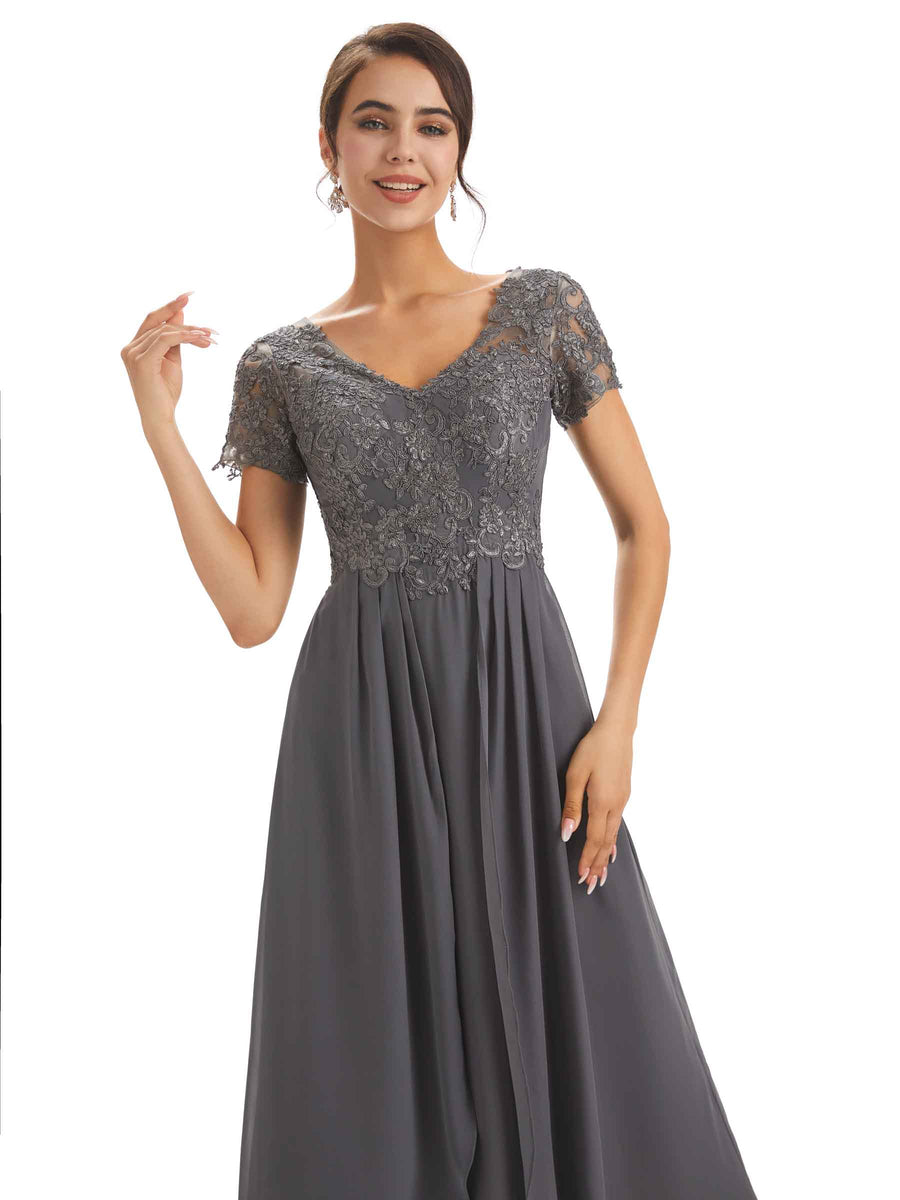 Chiffon Short Sleeves V-neck Applique Floor-Length Elegant Mother Of The Groom Dresses