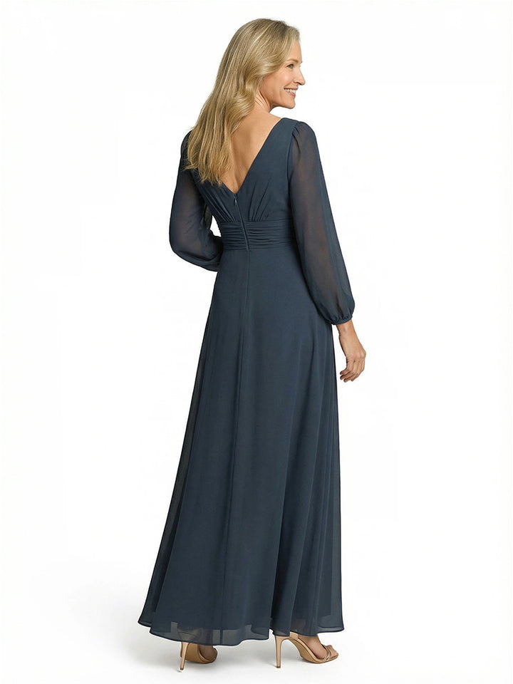 Stunning Deep V-Neck Long Lantern Sleeves A-Line Mother of The Bride Gown