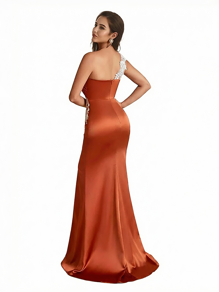 Sexy One Shoulder Lace Silky Satin Mermaid Evening Dresses For Women Side Slit
