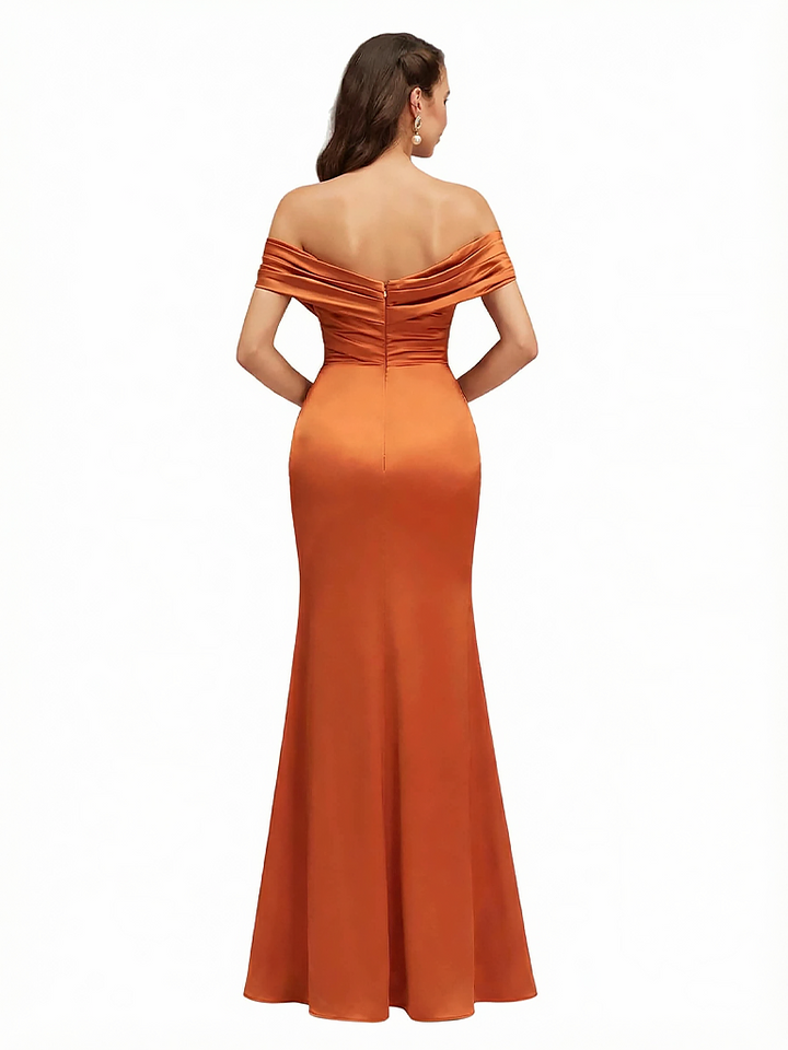 Sexy Off The Shoulder Side Slit Silky Satin Mermaid Maxi Evening Gowns For Women