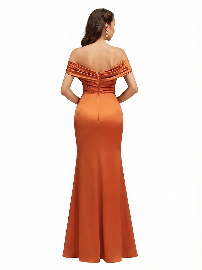 Sexy Off The Shoulder Side Slit Silky Satin Mermaid Maxi Evening Gowns For Women