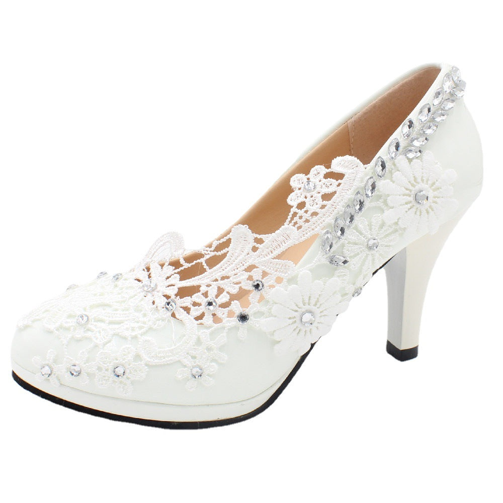 Lace Silver Sequins Decorated White Wedding Shoes High Heels Women's Wedding Shoes