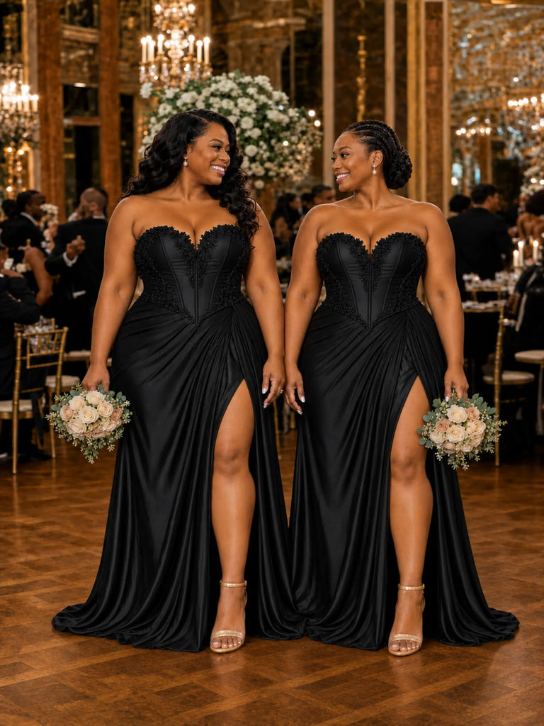 ChicSew Sweetheart Boning Side Slit Mermaid Soft Satin Floor-Length Bridesmaid Dresses With Applique