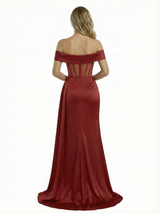 Sexy Off the Shoulder Formal Evening Gown Corset Bodice Satin Fabric Mermaid Silhouette Floor Length Prom Dress With Beaded Gloves