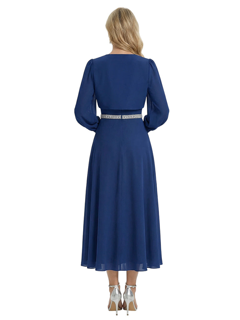 Chicsew Elegant Lantern Sleeve Beaded A-Line Chiffon Mother of The Bride Dress With Jacket