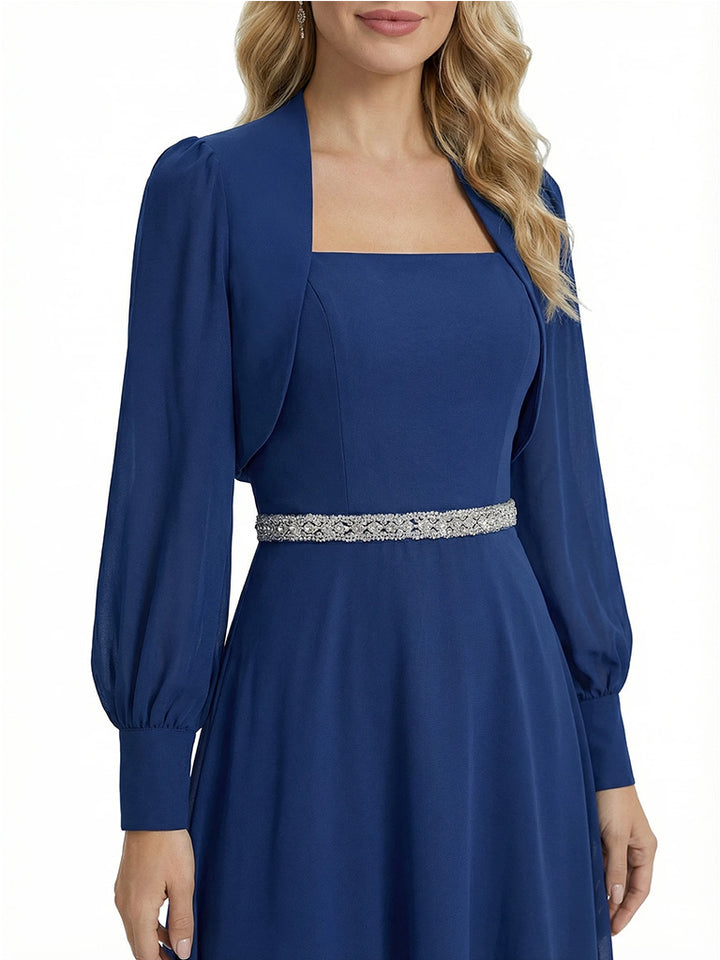 Chicsew Elegant Lantern Sleeve Beaded A-Line Chiffon Mother of The Bride Dress With Jacket