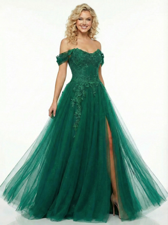 Elegent Off The Shoulder Floor Length Lace Beaded A-Line Party Prom Dresses Side Slit
