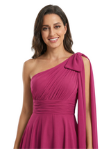 Elegant Mother of The Bride Dress Unique One-Shoulder Bow Chiffon Pleated Long A-Line Formal Gown