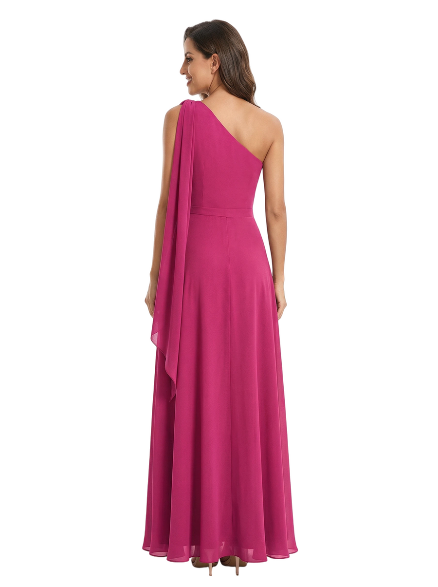 Elegant Mother of The Bride Dress Unique One-Shoulder Bow Chiffon Pleated Long A-Line Formal Gown