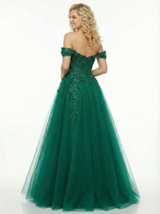 Elegent Off The Shoulder Floor Length Lace Beaded A-Line Party Prom Dresses Side Slit