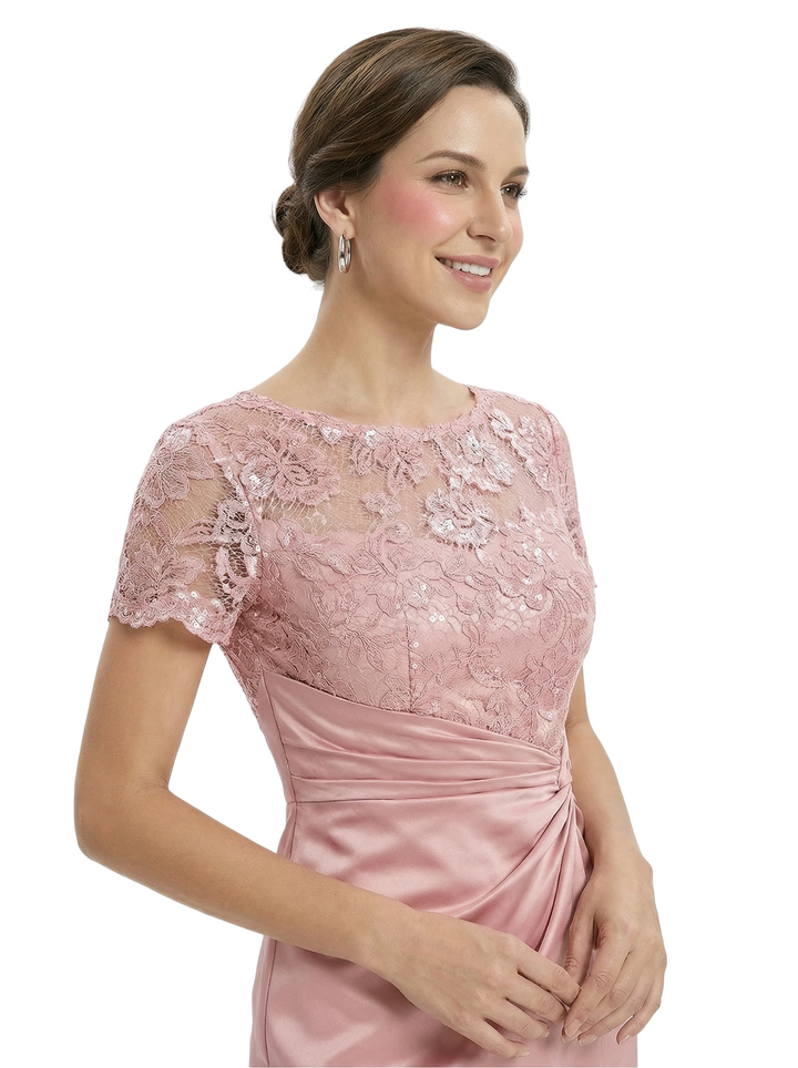 Classy Mother of The Groom Dress Pretty Lace Short Sleeve Satin Ruched Slit Long Mermaid Formal Gown