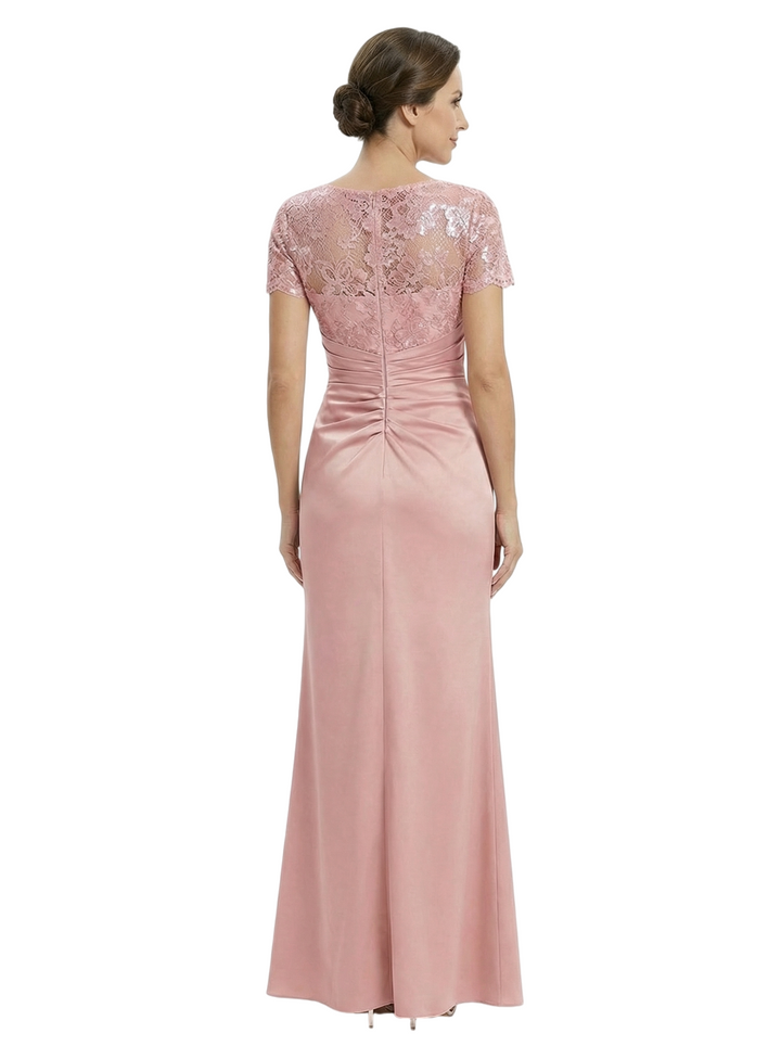 Classy Mother of The Groom Dress Pretty Lace Short Sleeve Satin Ruched Slit Long Mermaid Formal Gown
