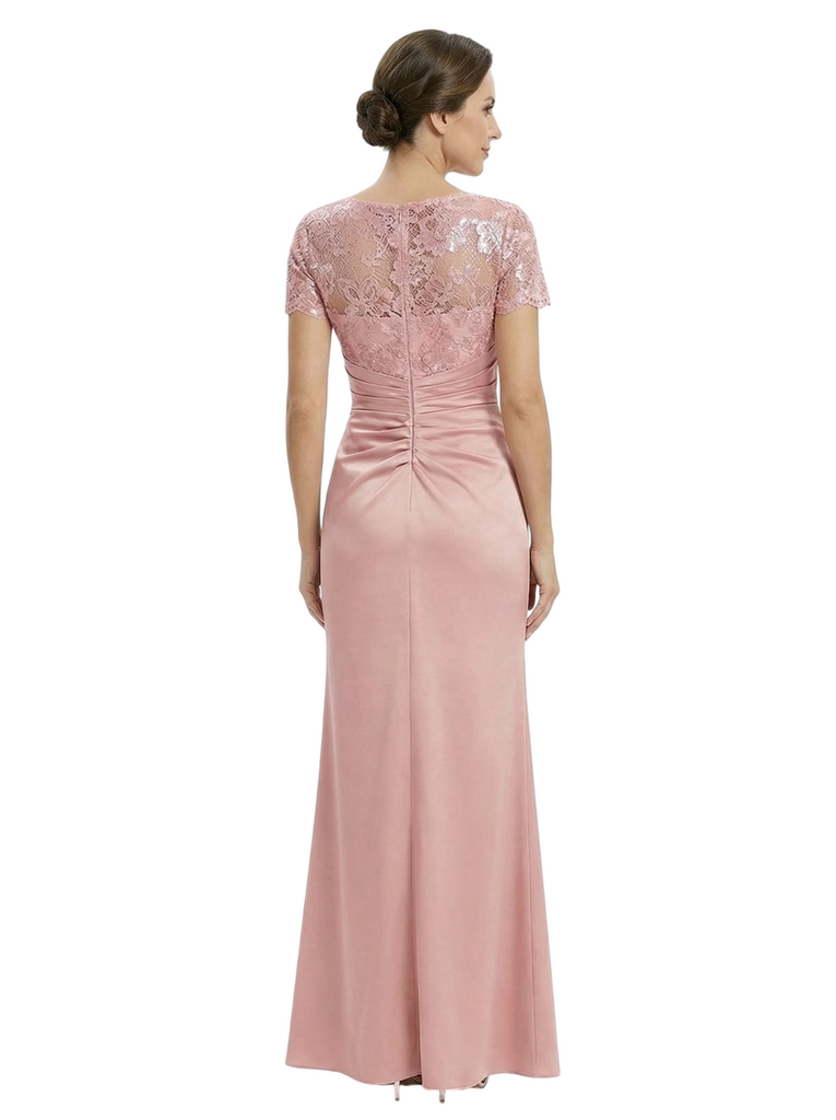 Classy Mother of The Groom Dress Pretty Lace Short Sleeve Satin Ruched Slit Long Mermaid Formal Gown