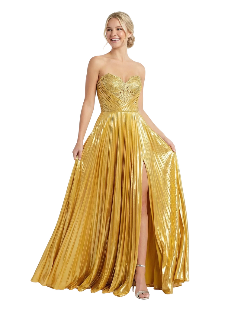 ChicSew Sexy Pleated Sweetheart Side Slit Metallic A-Line Floor Length Party Prom Dresses