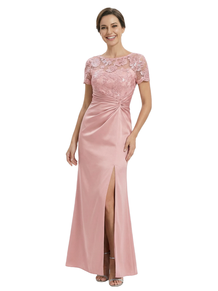 Classy Mother of The Groom Dress Pretty Lace Short Sleeve Satin Ruched Slit Long Mermaid Formal Gown