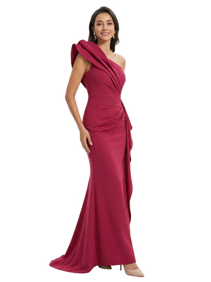 Chicsew Modern One Shoulder Ruffle Mermaid Crepe Formal Dresses For Mother Of The Bride
