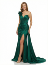 Elegent Satin Sweetheart Floor Length One Shoulder Party Prom Dresses Side Slit