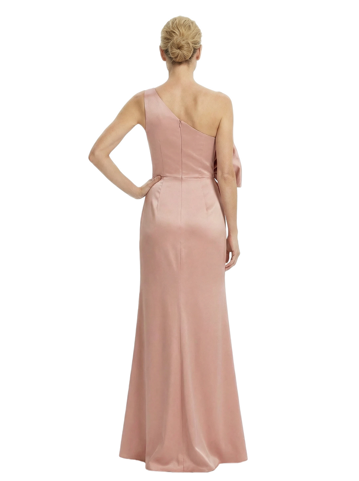 Stylish Mother of The Bride Dress Fancy One-Shoulder Bow Satin Slit Long Fitted Mermaid Evening Gown