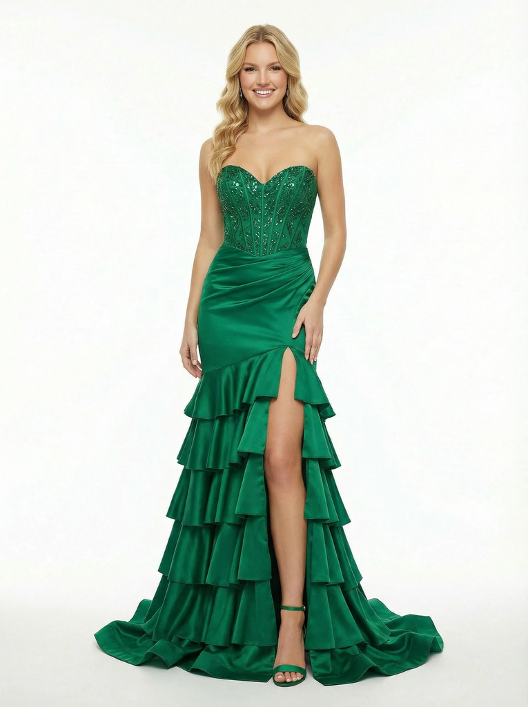 Elegent Satin Beaded Sweetheart Ruffles Floor Length Mermaid Party Prom Dresses Side Slit