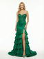 Elegent Satin Beaded Sweetheart Ruffles Floor Length Mermaid Party Prom Dresses Side Slit