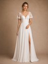 ChicSew Fancy V-Neck Short Sleeves Lace Chiffon A-Line Maxi Wedding Dress