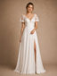 ChicSew Fancy V-Neck Short Sleeves Lace Chiffon A-Line Maxi Wedding Dress