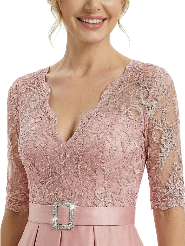 Chicsew Stylish V-Neck 3/4 Sleeves High-Low Satin A-line Mother of The Bride Dresses