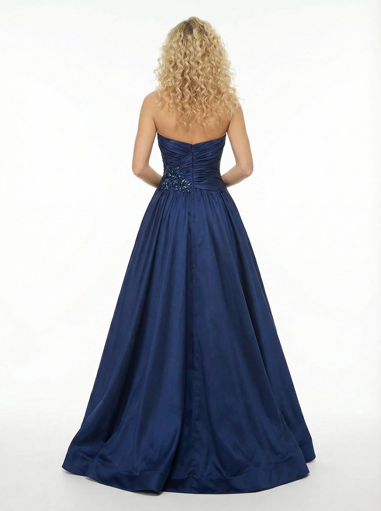 Elegent Strapless Satin Sweetheart Beaded Floor Length Party Prom Dresses Side Slit