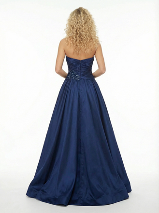 Elegent Strapless Satin Sweetheart Beaded Floor Length Party Prom Dresses Side Slit