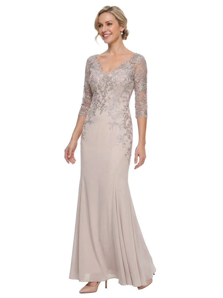 Chicsew Stunning Lace 3/4 Sleeve Mermaid Chiffon Mother of The Bride Gown