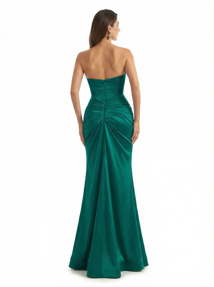 Sexy Sweetheart Boning Ruched Silky Satin Mermaid Long Formal Dresses For Women Side Slit